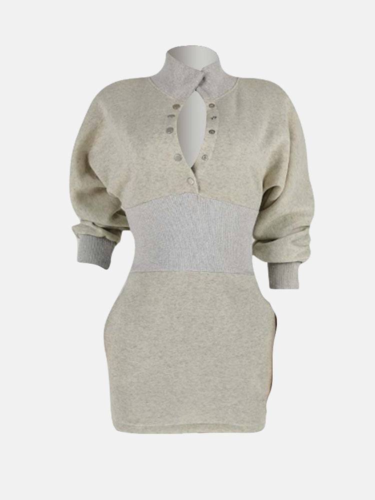 Solid Color Stand Collar Sweatshirt Dress - ECHOINE