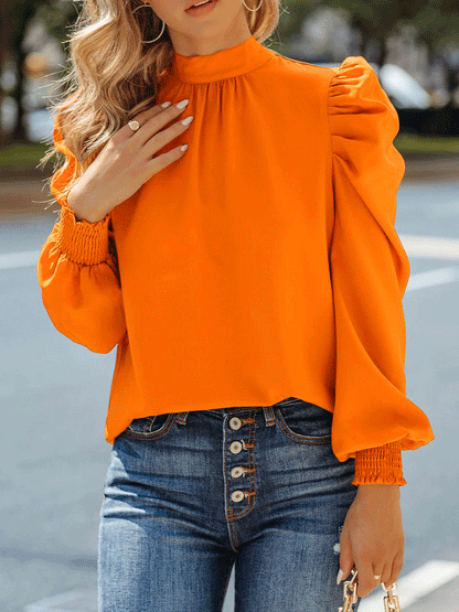 Solid Puff Sleeve Blouse Top - ECHOINE