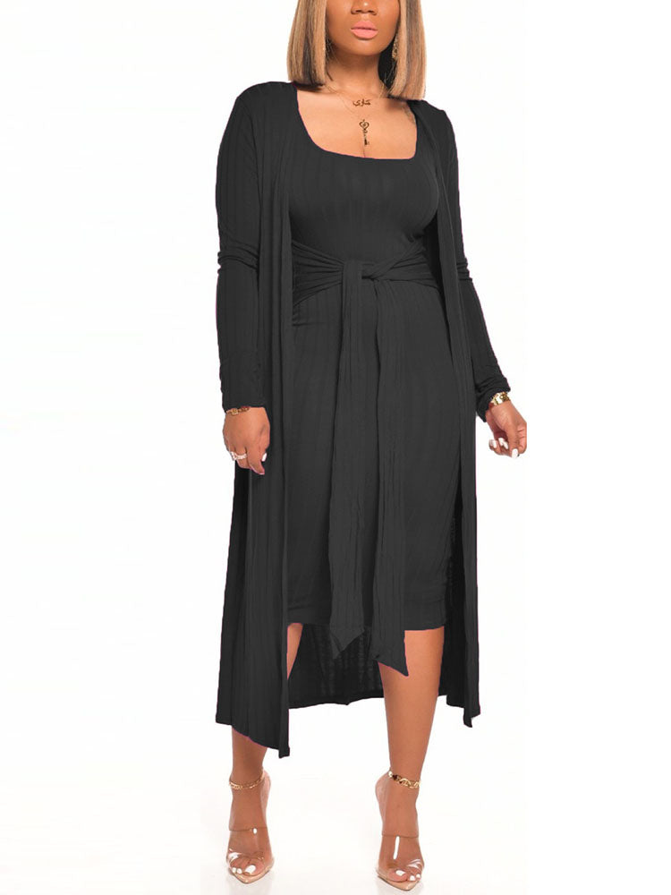 Ribbed Cardigan Tie Front Dress Sets - ECHOINE
