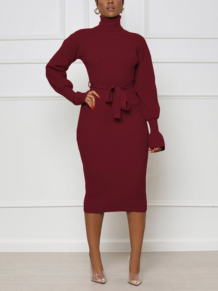 Turtleneck Knit Tie Waist Midi Dresses - ECHOINE