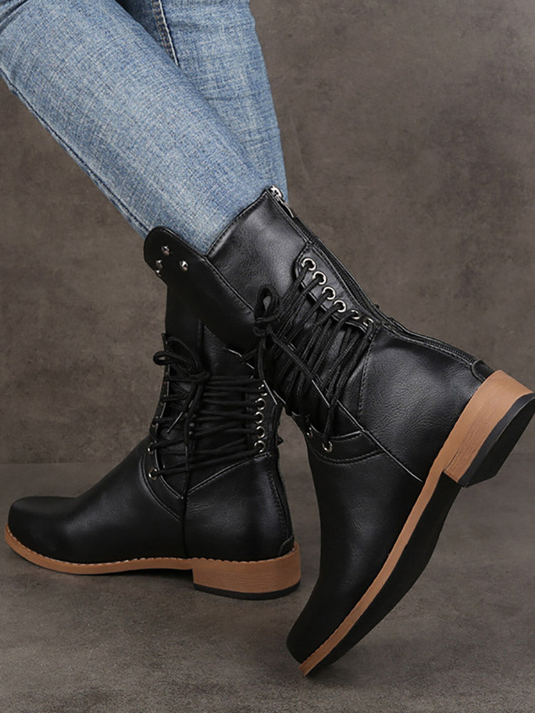 Lace-up PU Studded Boots - ECHOINE