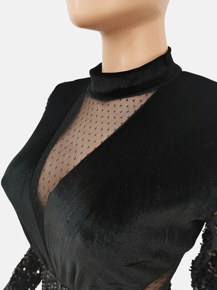 Sequin Velvet Mesh Patchwork Mini Dress - ECHOINE