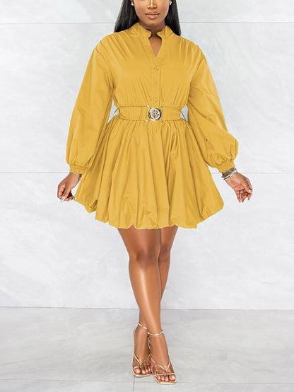 Belted Puffy Sleeve Solid Dress - ECHOINE