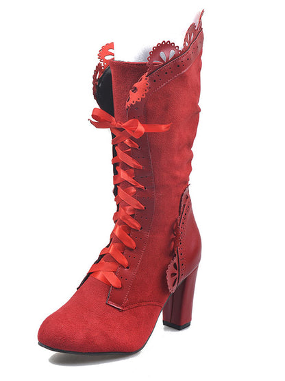 Chunky Heel Lace Up Mid Calf Boot - ECHOINE