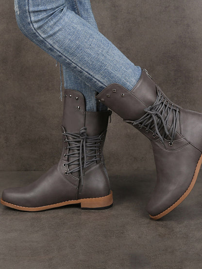 Lace-up PU Studded Boots - ECHOINE