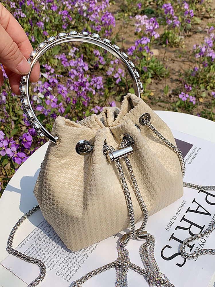 Rhinestone Decor Drawstring Bucket Bag - ECHOINE