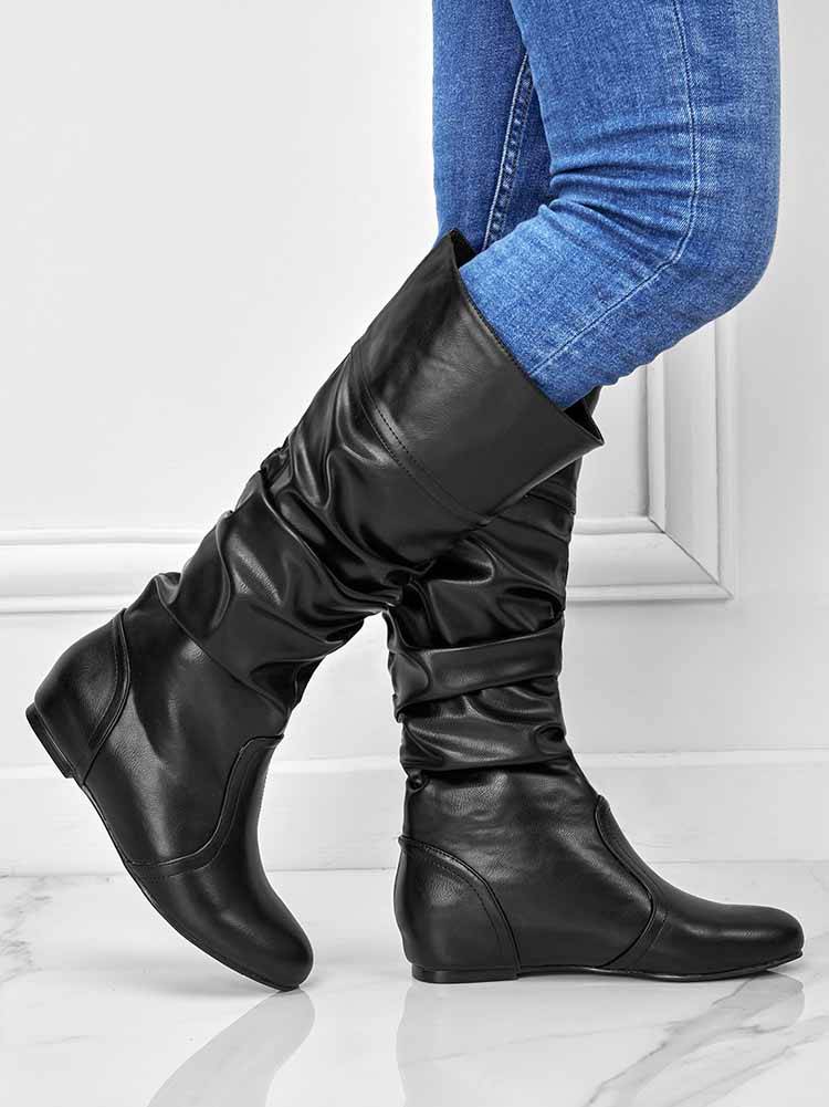Solid Pleated Flat Heel Boots - ECHOINE