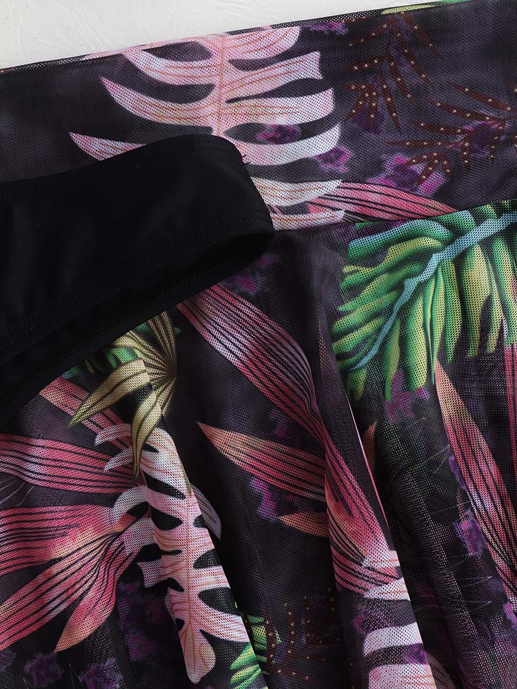 3pack Plant Print Halter Bikini Swimsuit & Skirt - ECHOINE