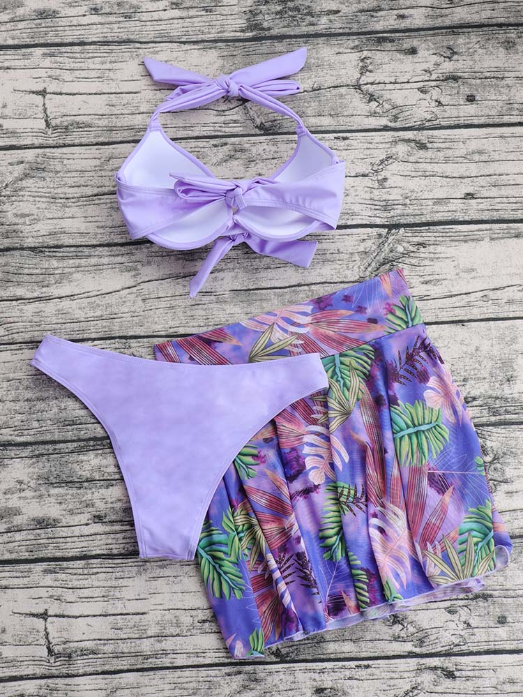 3pack Plant Print Halter Bikini Swimsuit & Skirt - ECHOINE
