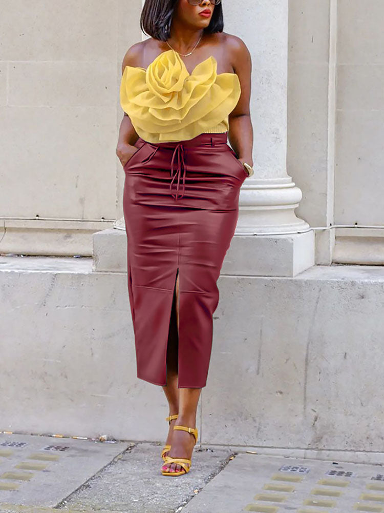 PU Leather Slit Lace-Up Skirt - ECHOINE