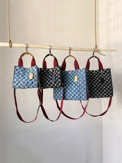 Denim Checkerboard Tote Bag - ECHOINE