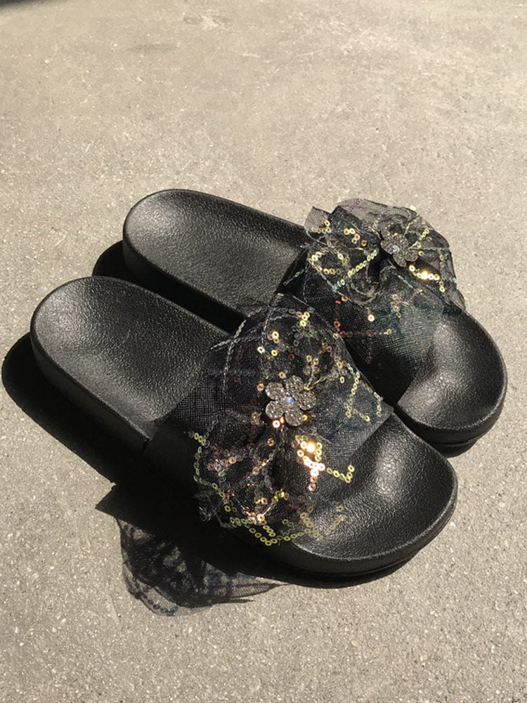 Lace Bow Sequin Flat Slides - ECHOINE