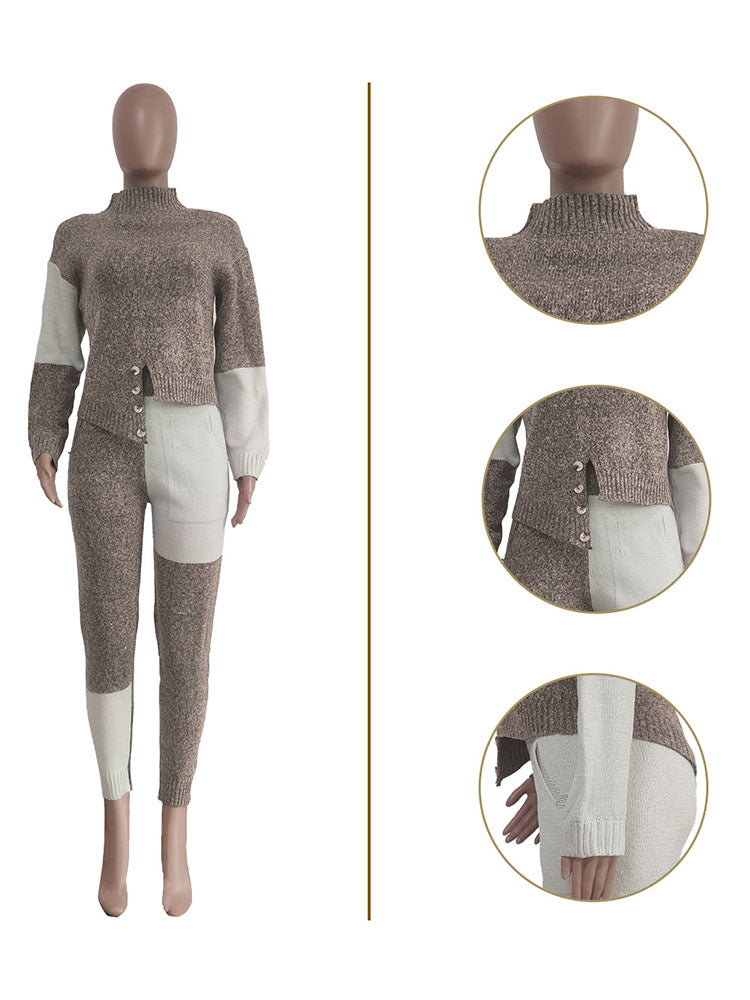 Colorblock Knitted Top & Pants Set - ECHOINE