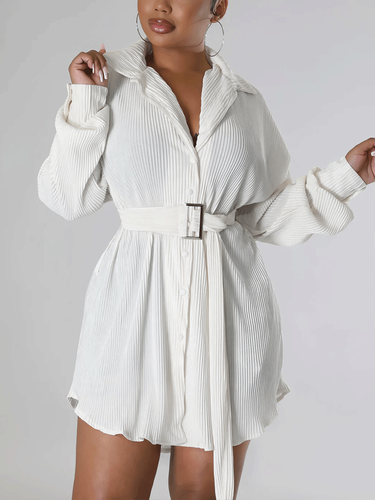 Ruched Long Sleeve Mini Dress With Belt - ECHOINE