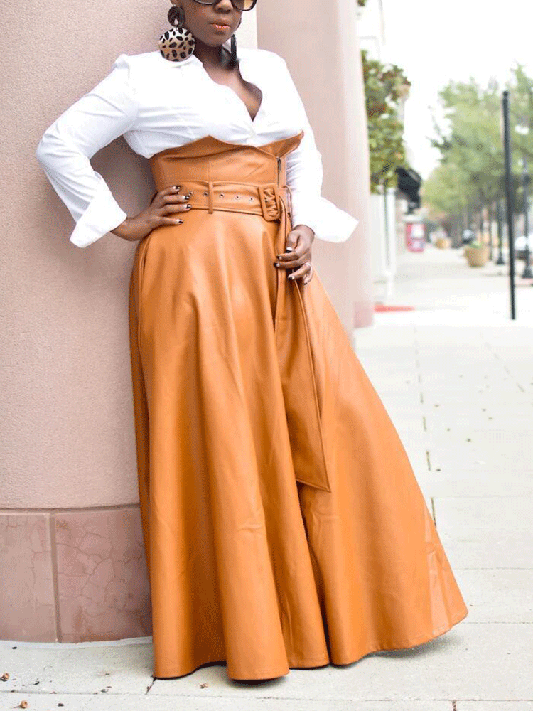 Irregular PU Leather Skirt With Belt - ECHOINE