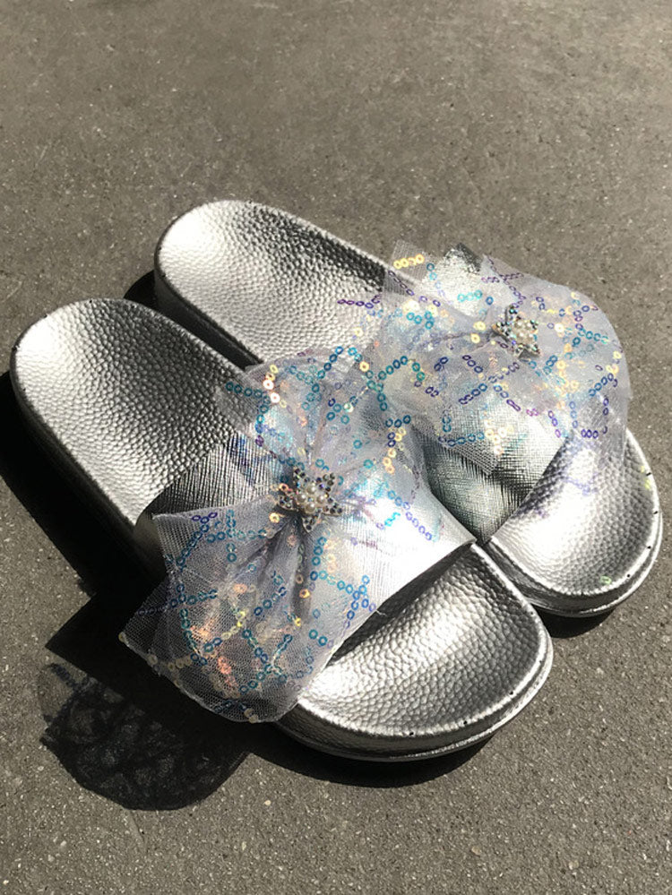 Lace Bow Sequin Flat Slides - ECHOINE