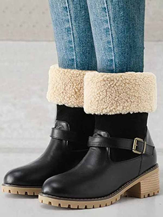 Furry Chunky Heel PU Ankle Boots - ECHOINE