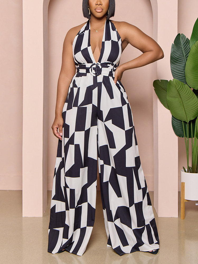 Halter V Neck Printed Jumpsuit - ECHOINE