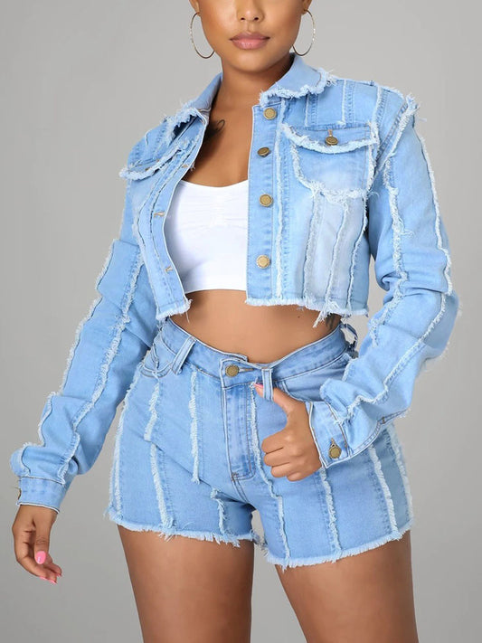 Denim Cropped Jacket & Short Set - ECHOINE