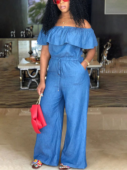 Off Shoulder Ruffle Wide Leg Jumpsuit - ECHOINE