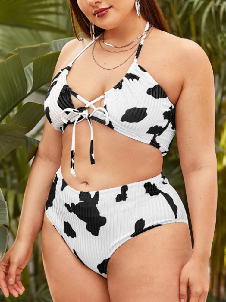 Cow Print Halter Bikini Swimsuit - ECHOINE