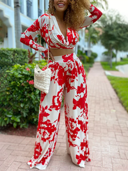 Printed V Neck Crop Top Wide Leg Pant Set - ECHOINE