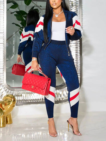 Casual Glitter Zip Jacket and Pants Set - ECHOINE