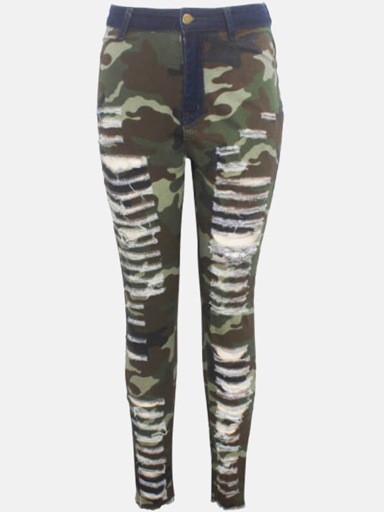 Ripped Camouflage Printed Jeans - ECHOINE