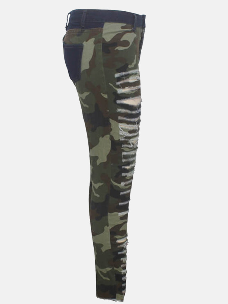 Ripped Camouflage Printed Jeans - ECHOINE