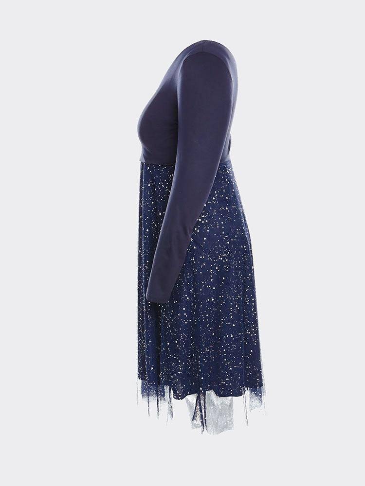Long Sleeve Double V Neck Contrast Mesh Midi Dress - ECHOINE