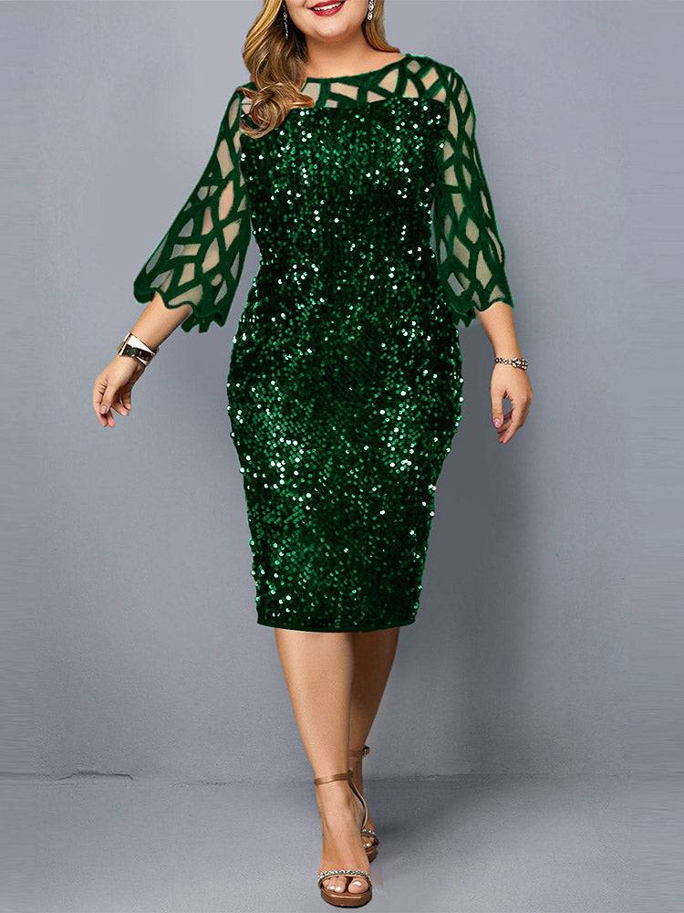 Sequin Embellish Quarter Sleeve Dress - ECHOINE