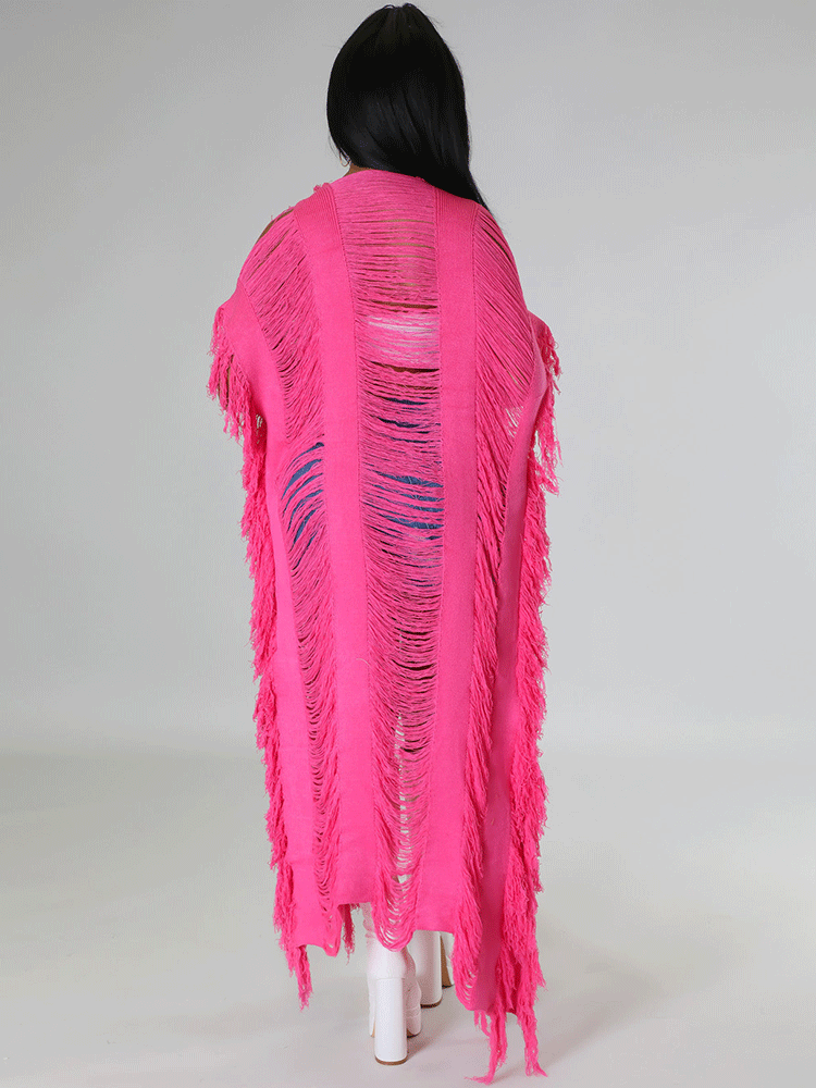 Knitted Tassels Ripped Long Cardigan - ECHOINE