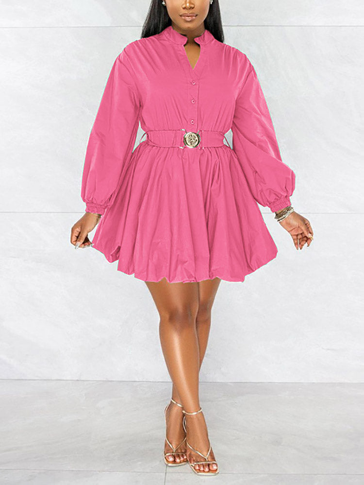 Belted Puffy Sleeve Solid Dress - ECHOINE