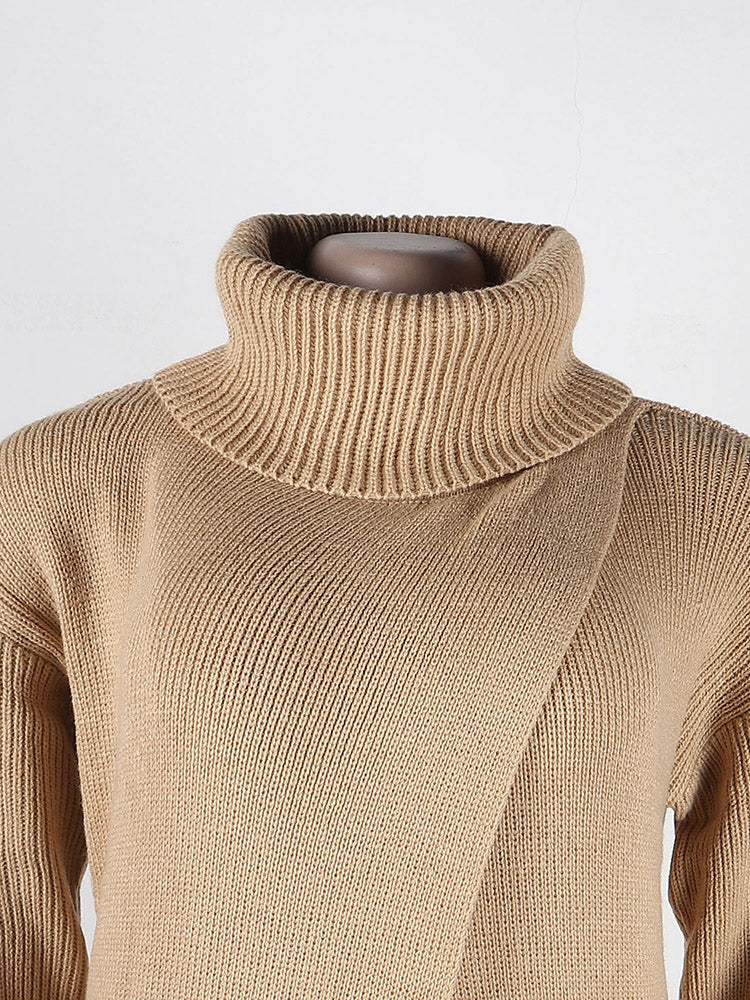 Knitted Turtleneck Slit Hem Sweater - ECHOINE