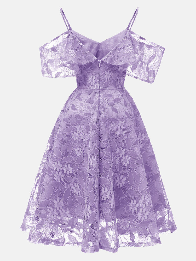 Floral Lace Cold Shoulder Party Dress - ECHOINE