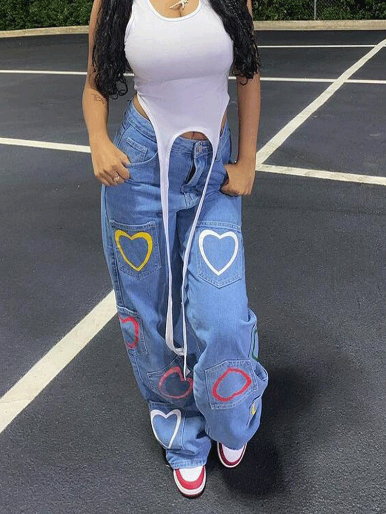 Heart Print Pocket Patch Jeans - ECHOINE
