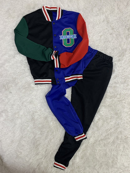 Color Block Baseball Jacket & Pants Set - ECHOINE