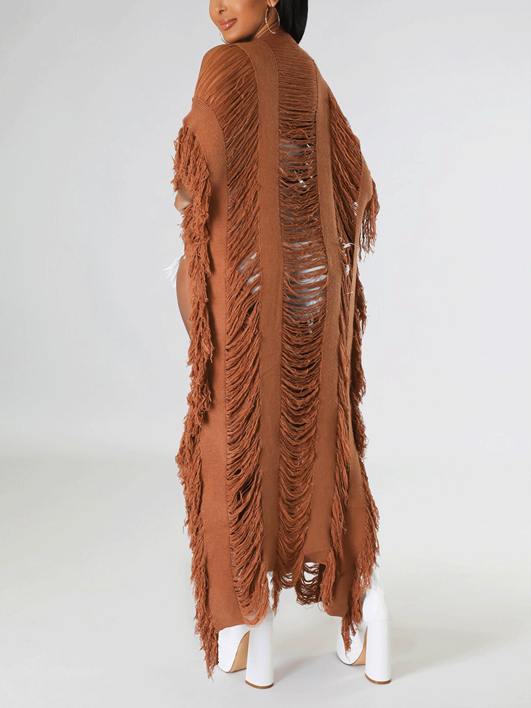 Knitted Tassels Ripped Long Cardigan - ECHOINE