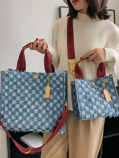 Denim Checkerboard Tote Bag - ECHOINE