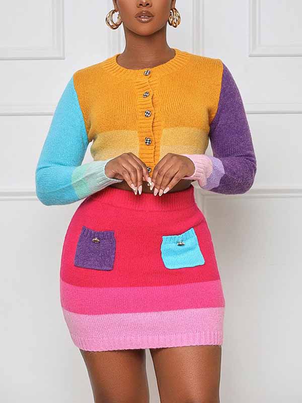 Knit Color Block Crop Top And Skirt Set - ECHOINE