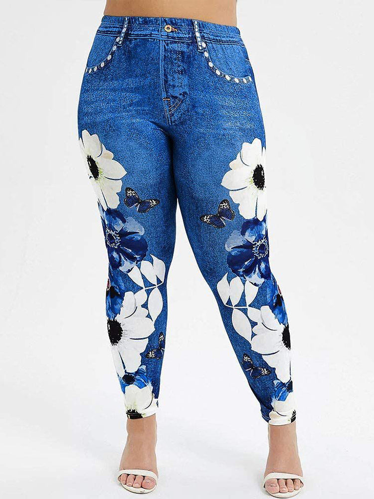 Printed Floral Sports Jeans - ECHOINE