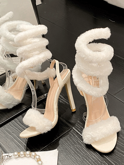 Fluffy Strap Stiletto Heel Sandals - ECHOINE