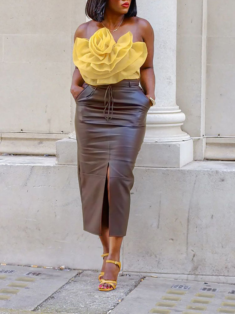 PU Leather Slit Lace-Up Skirt - ECHOINE