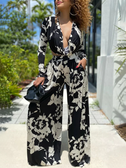 Printed V Neck Crop Top Wide Leg Pant Set - ECHOINE