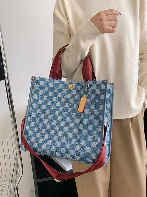 Denim Checkerboard Tote Bag - ECHOINE