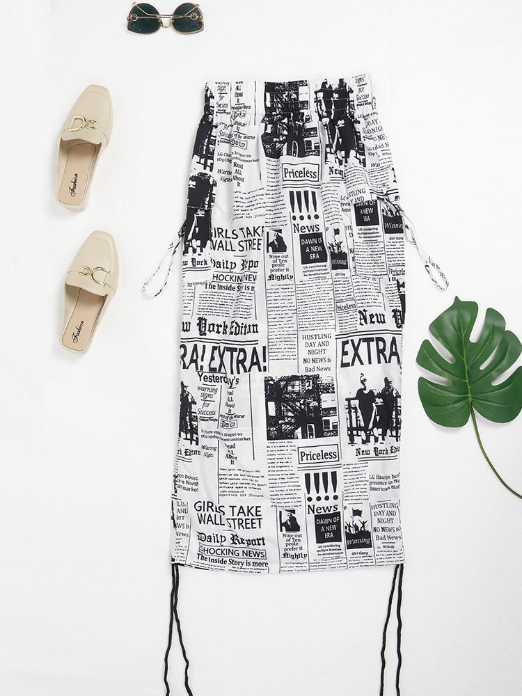 Newspaper Letter Print Drawstring Skirt - ECHOINE