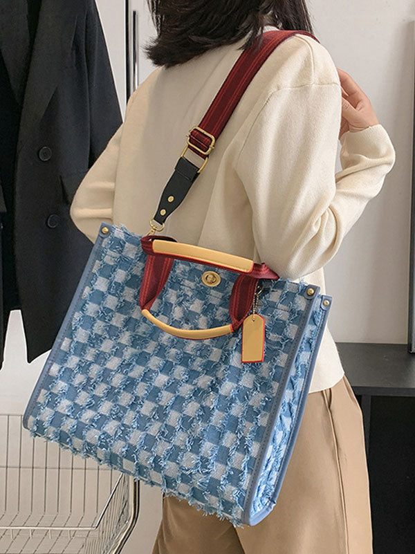 Denim Checkerboard Tote Bag - ECHOINE