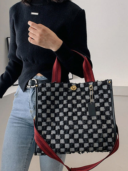 Denim Checkerboard Tote Bag - ECHOINE