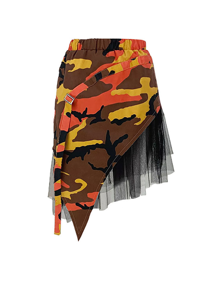 Camouflage Mesh Patchwork Irregular Skirt - ECHOINE
