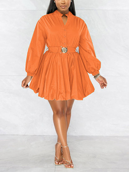 Belted Puffy Sleeve Solid Dress - ECHOINE